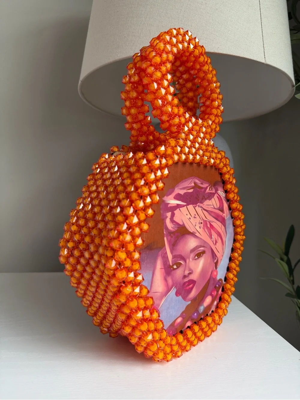 Handcrafted Orange Beaded Decorative Accent with Portrait Insert